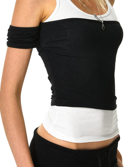 kvkv Black White Asymmetrical Sleeve Vest