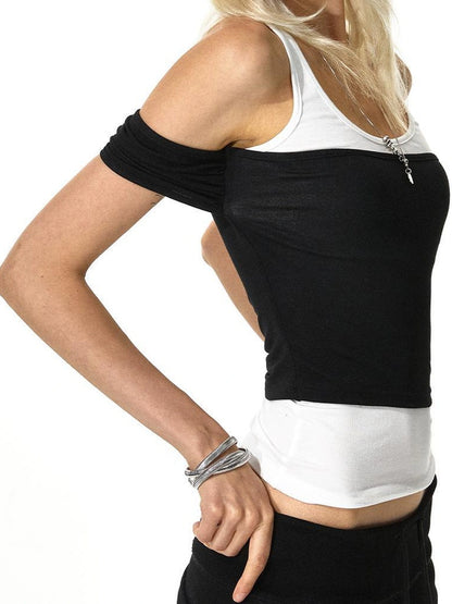 kvkv Black White Asymmetrical Sleeve Vest