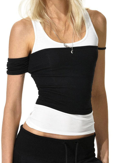 kvkv Black White Asymmetrical Sleeve Vest