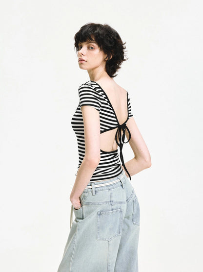 kvkv Black White Striped Back Cut Fitted Tee