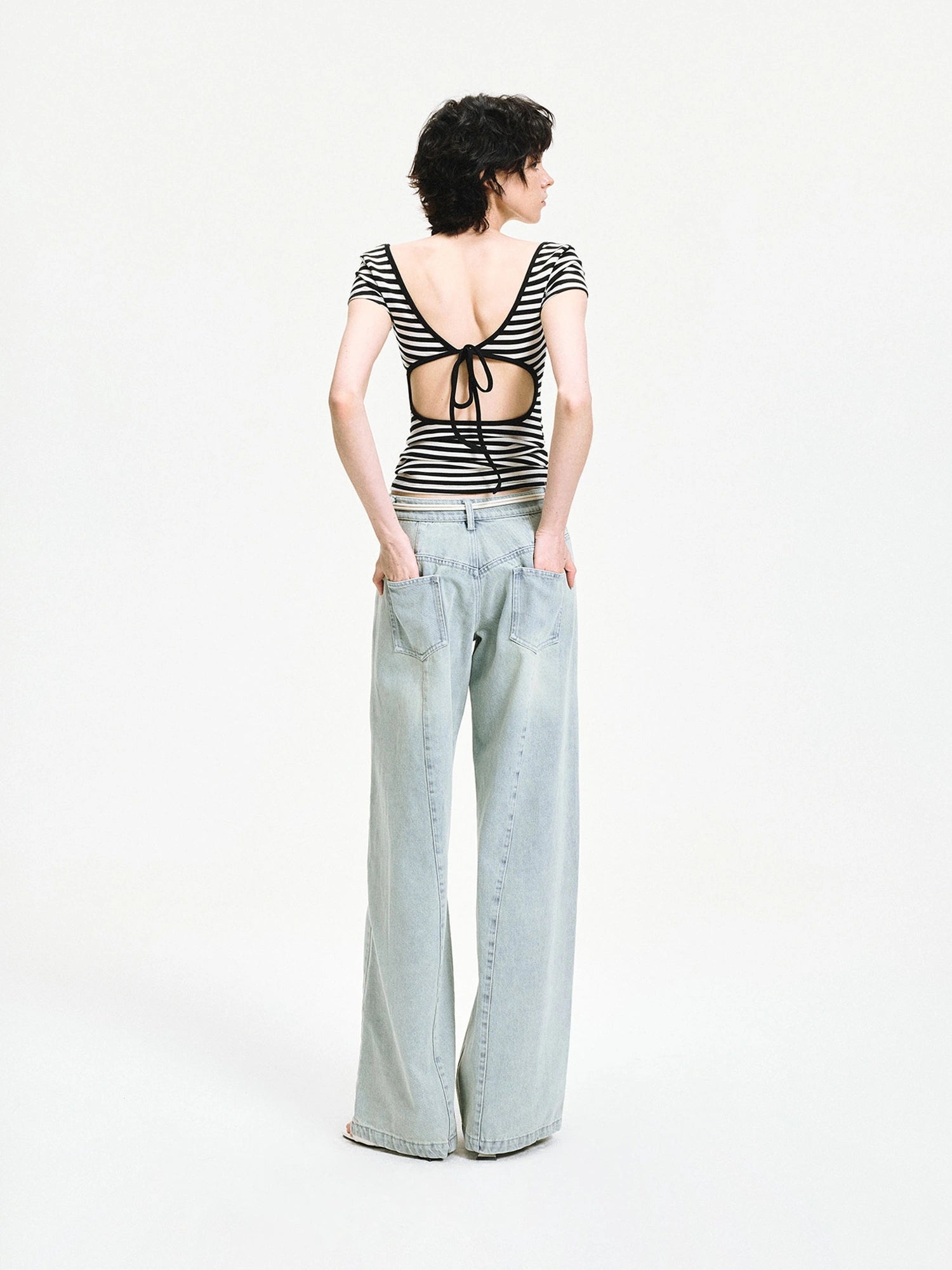 kvkv Black White Striped Back Cut Fitted Tee
