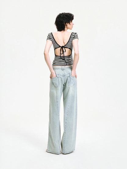 kvkv Black White Striped Back Cut Fitted Tee