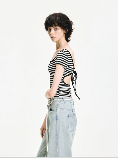 kvkv Black White Striped Back Cut Fitted Tee