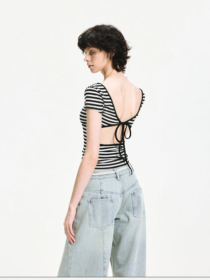 kvkv Black White Striped Back Cut Fitted Tee