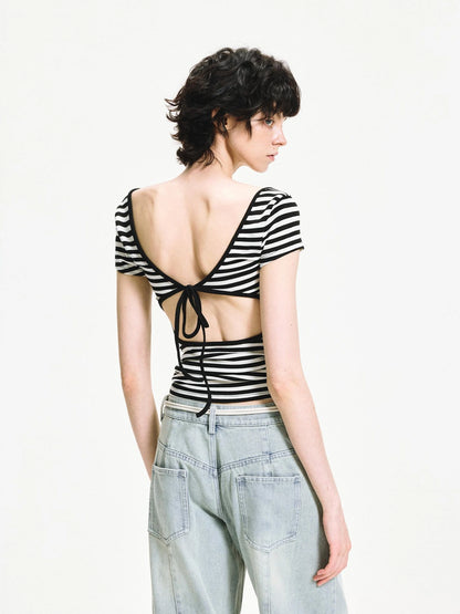 kvkv Black White Striped Back Cut Fitted Tee