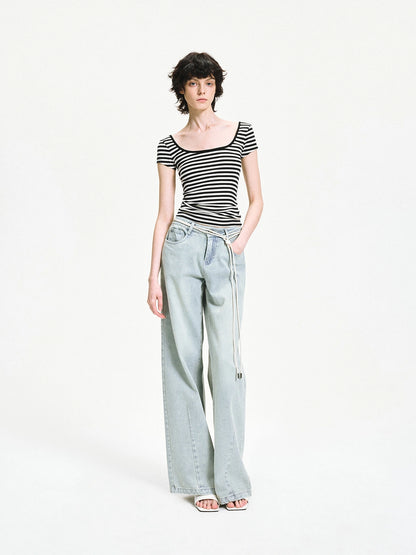 kvkv Black White Striped Back Cut Fitted Tee