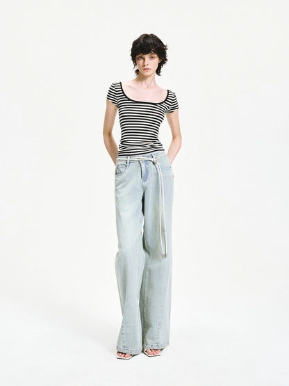 kvkv Black White Striped Back Cut Fitted Tee