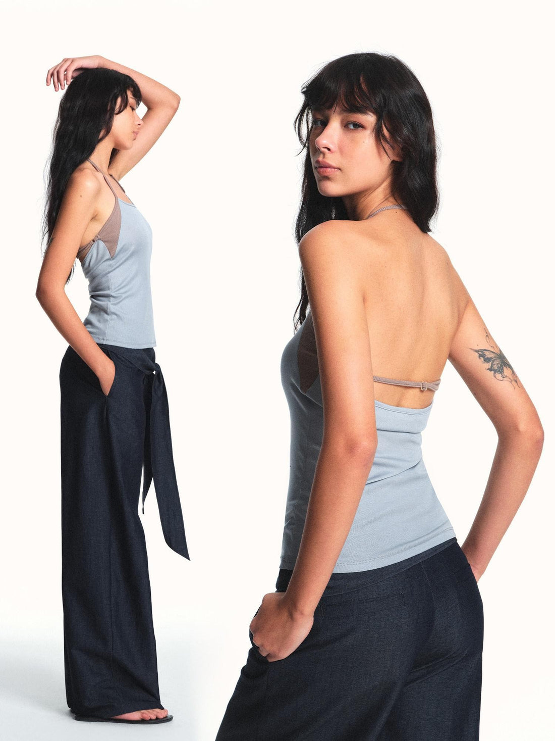 kvkv Blue Gray Colorblock Adjustable Halter Slightly Loose Women&