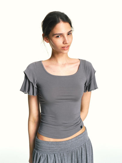 kvkv Blue Gray Double Layer Knit Flutter Sleeve Women&