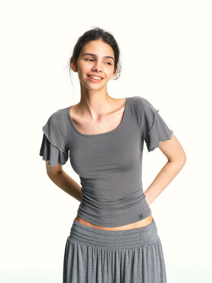 kvkv Blue Gray Double Layer Knit Flutter Sleeve Women&