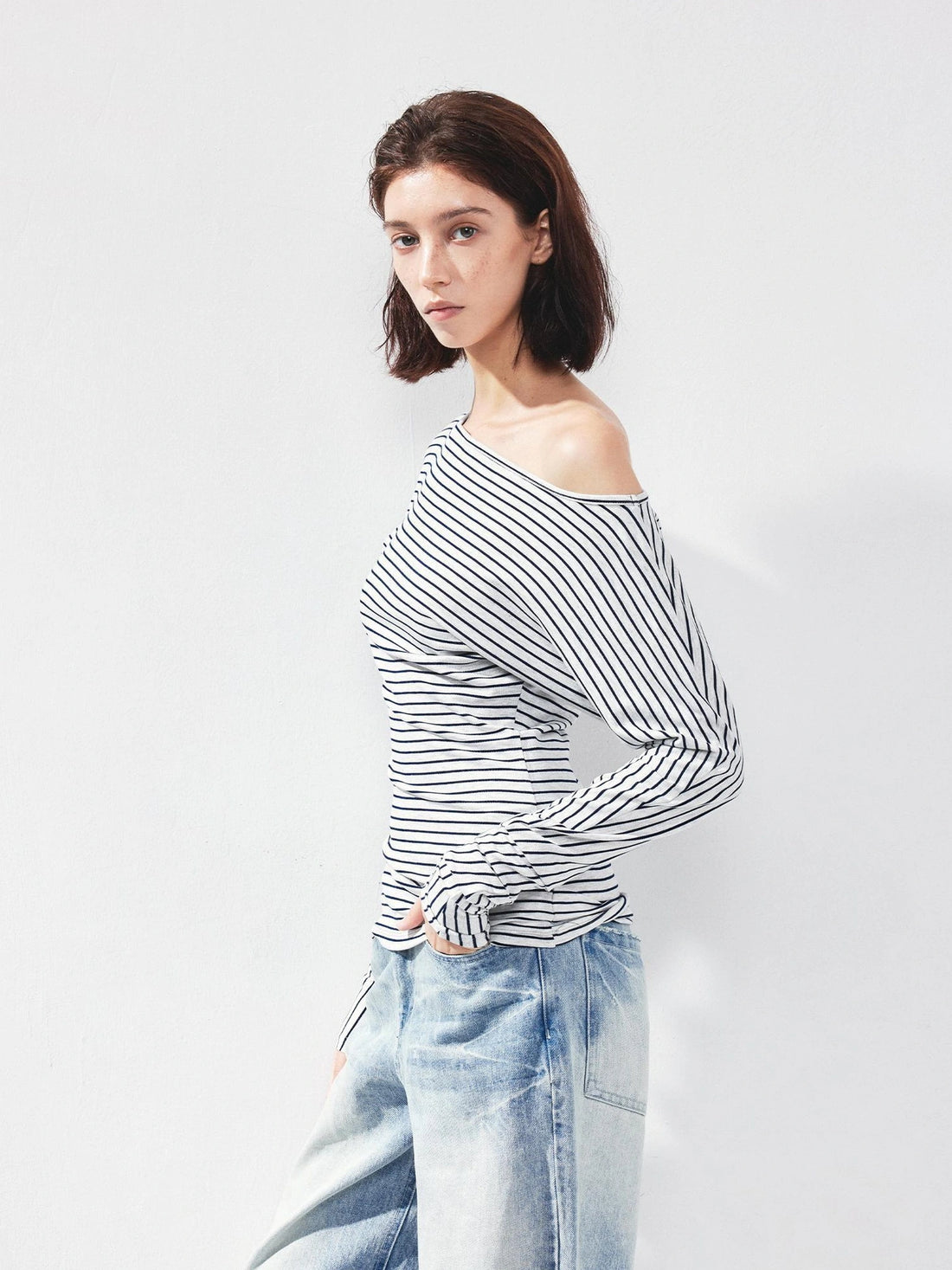 kvkv Blue White Striped Fitted Boatneck Top