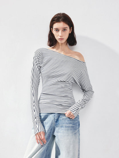 kvkv Blue White Striped Fitted Boatneck Top