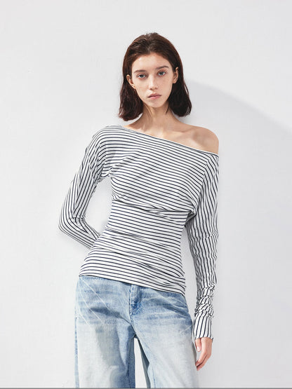 kvkv Blue White Striped Fitted Boatneck Top