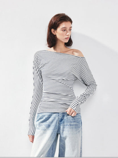 kvkv Blue White Striped Fitted Boatneck Top