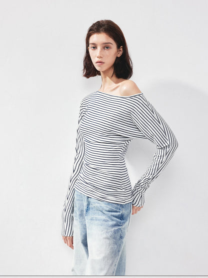 kvkv Blue White Striped Fitted Boatneck Top
