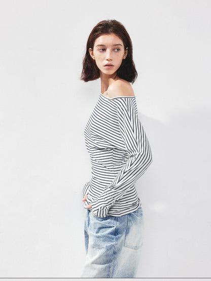 kvkv Blue White Striped Fitted Boatneck Top