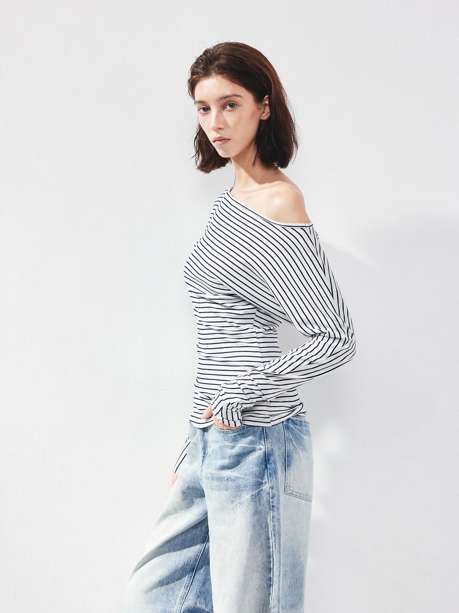 kvkv Blue White Striped Fitted Boatneck Top
