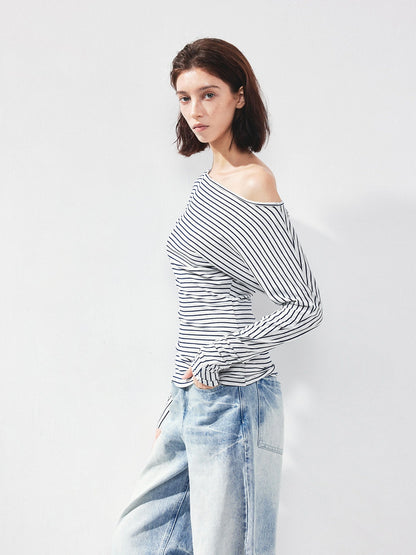 kvkv Blue White Striped Fitted Boatneck Top