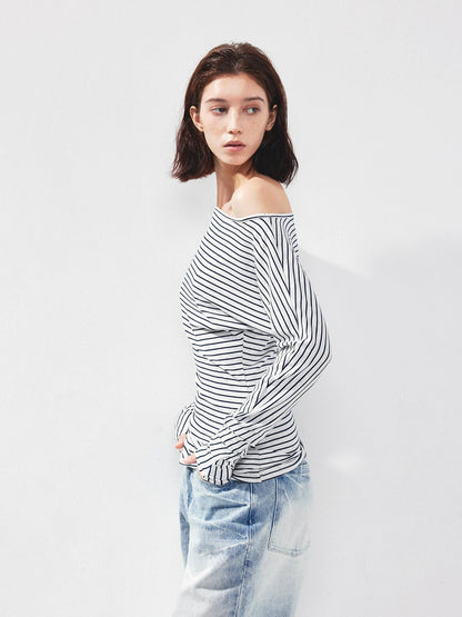 kvkv Blue White Striped Fitted Boatneck Top
