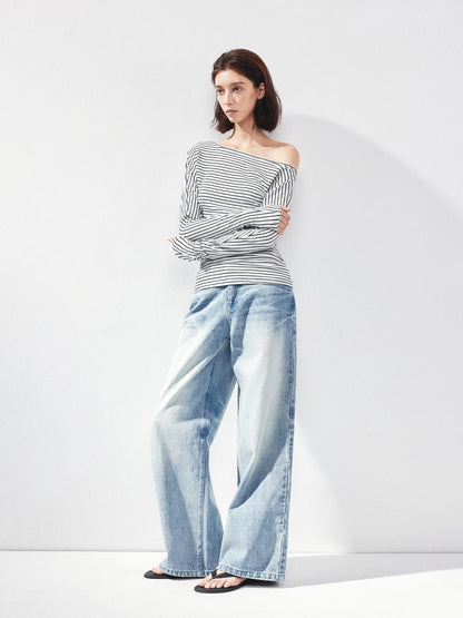 kvkv Blue White Striped Fitted Boatneck Top