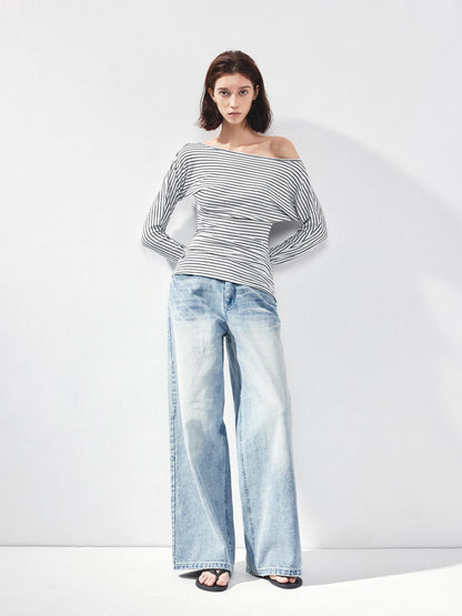 kvkv Blue White Striped Fitted Boatneck Top