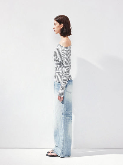 kvkv Blue White Striped Fitted Boatneck Top