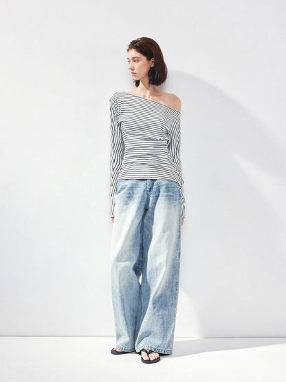 kvkv Blue White Striped Fitted Boatneck Top
