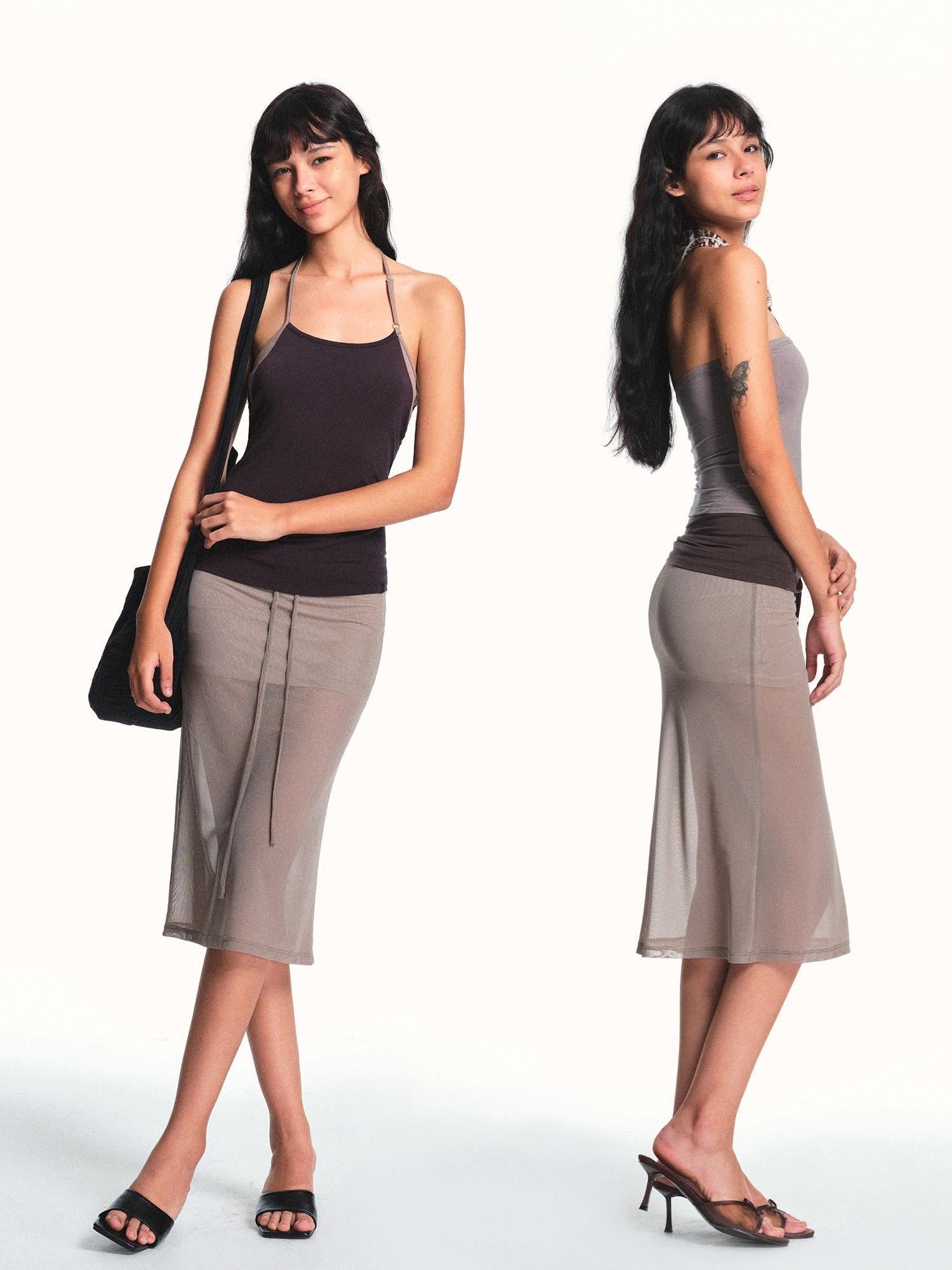 kvkv Breathable Apricot Mesh Double Layer Drawstring Women&