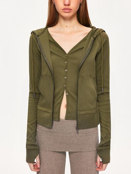 kvkv Breathable Cotton Blend Zip Front Cropped Athletic Unisex Olive Hoodies