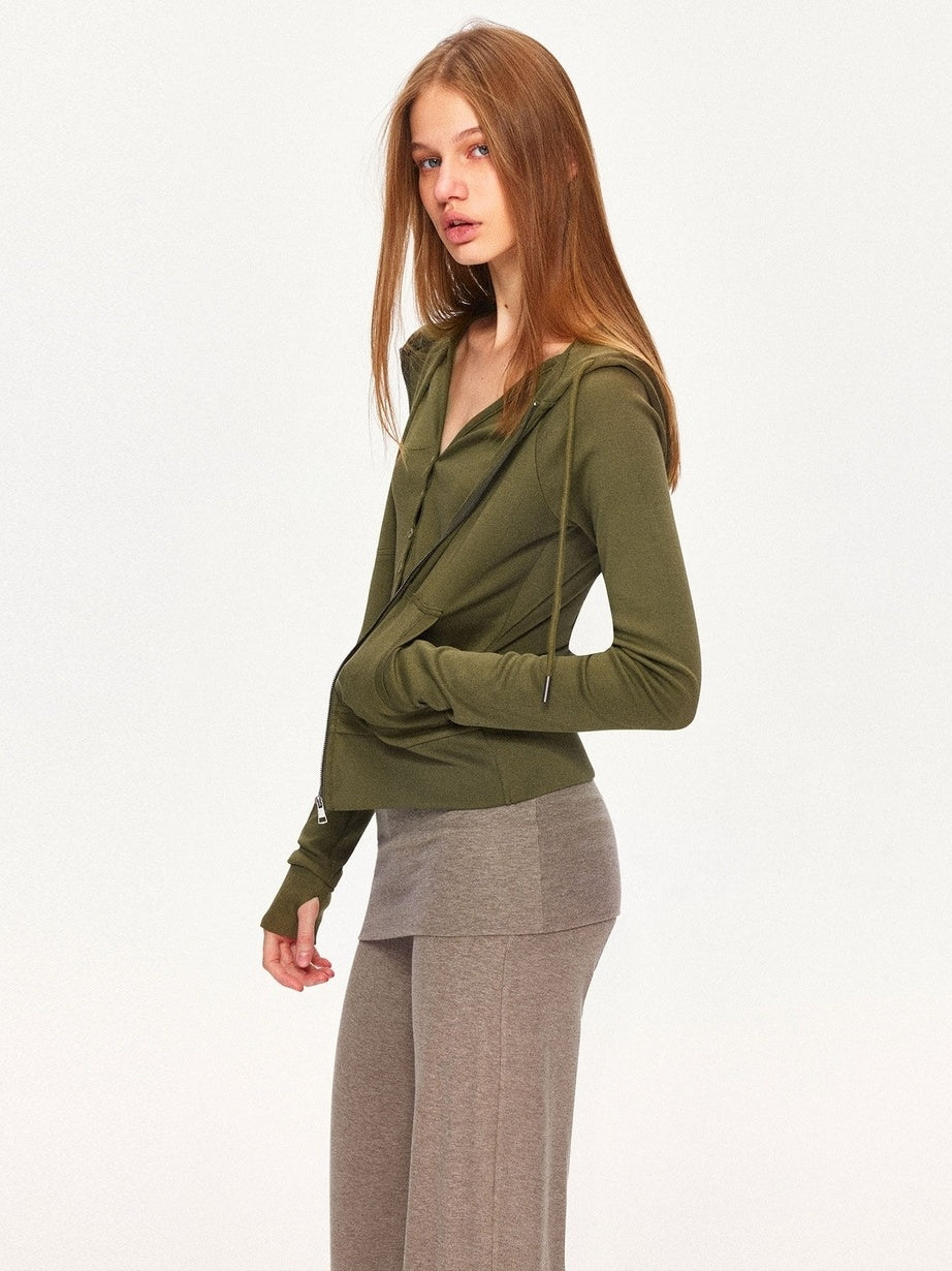 kvkv Breathable Cotton Blend Zip Front Cropped Athletic Unisex Olive Hoodies