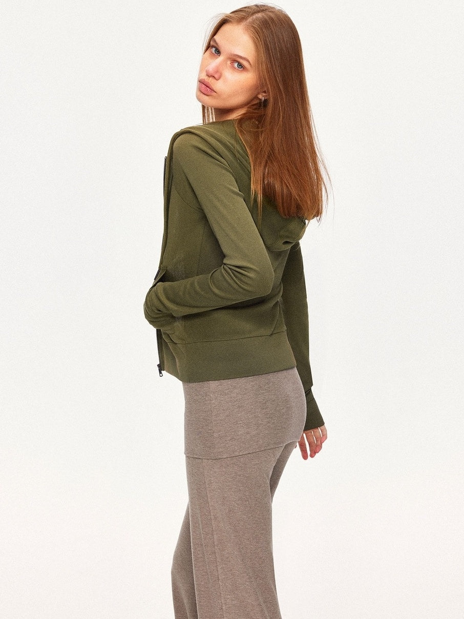 kvkv Breathable Cotton Blend Zip Front Cropped Athletic Unisex Olive Hoodies