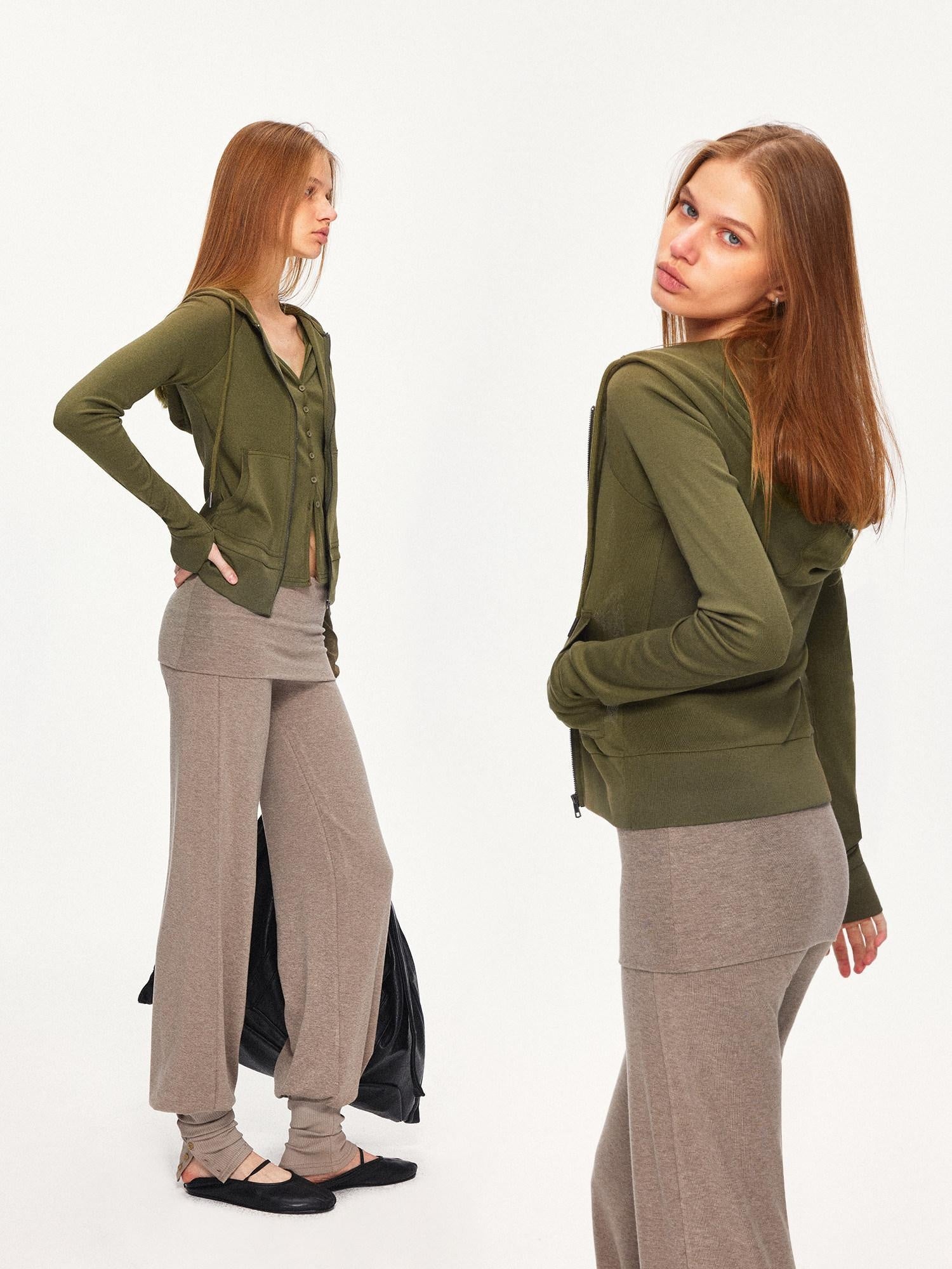 kvkv Breathable Cotton Blend Zip Front Cropped Athletic Unisex Olive Hoodies