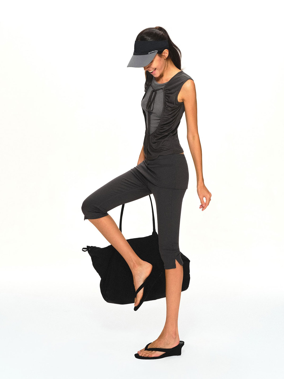 kvkv Breathable Dark Grey Colorblock Ruched Lace Up Women&