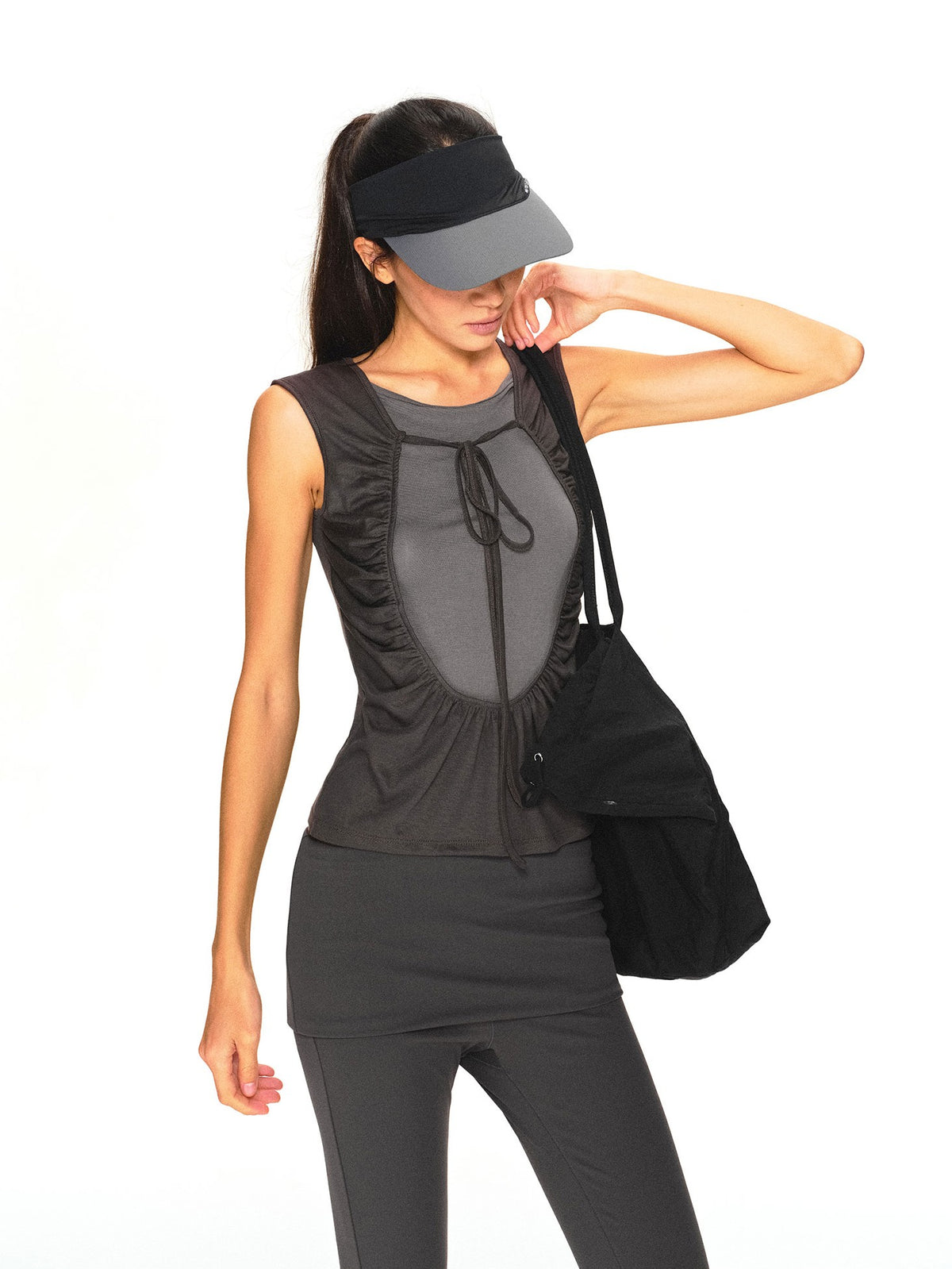kvkv Breathable Dark Grey Colorblock Ruched Lace Up Women&
