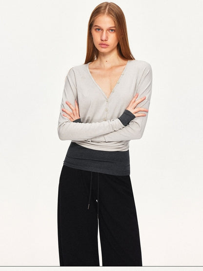 kvkv Breathable V Neck Patchwork Sport Long Sleeve Standard Fit Light Gray T-Shirt