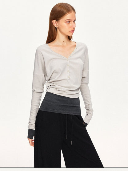 kvkv Breathable V Neck Patchwork Sport Long Sleeve Standard Fit Light Gray T-Shirt