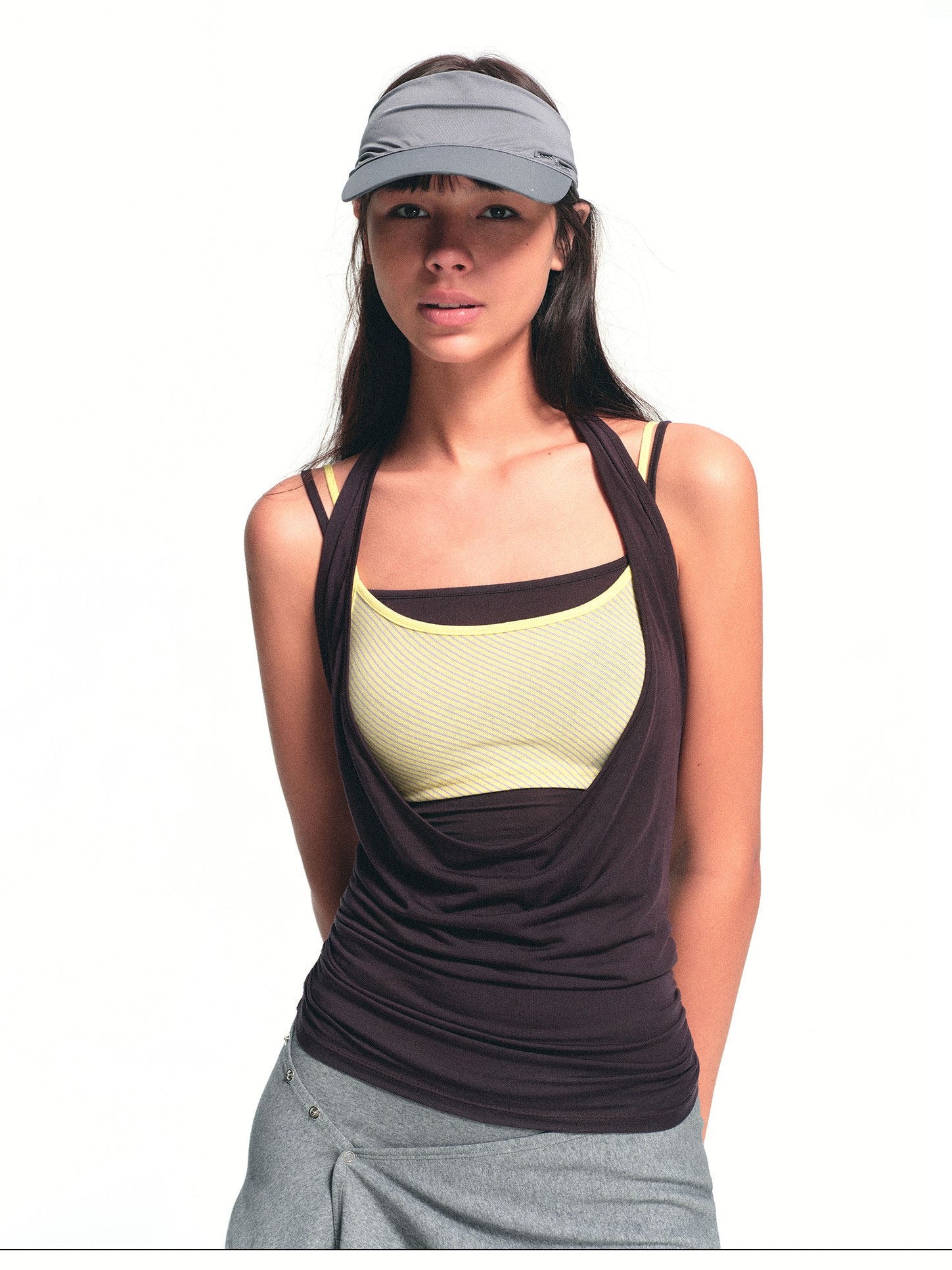 kvkv Brown Purple Striped Layered Detachable Three Piece Women&
