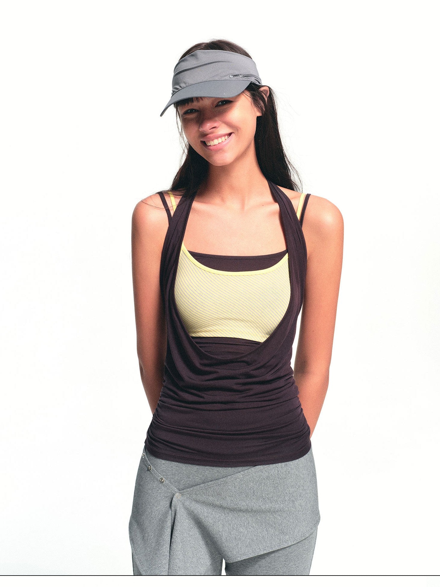 kvkv Brown Purple Striped Layered Detachable Three Piece Women&
