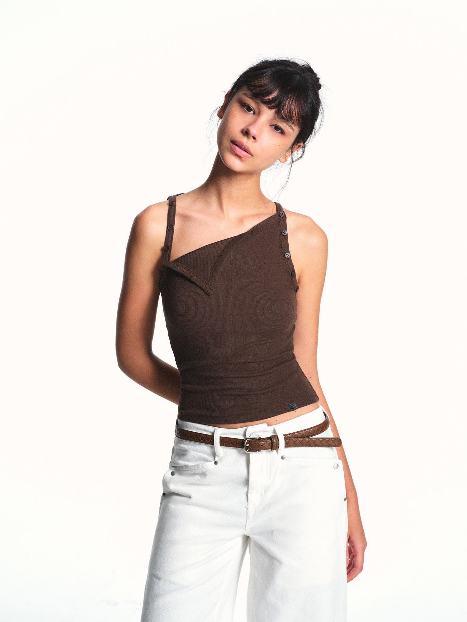 kvkv Brown Removable Button Convertible Rib Knit Slim Women&