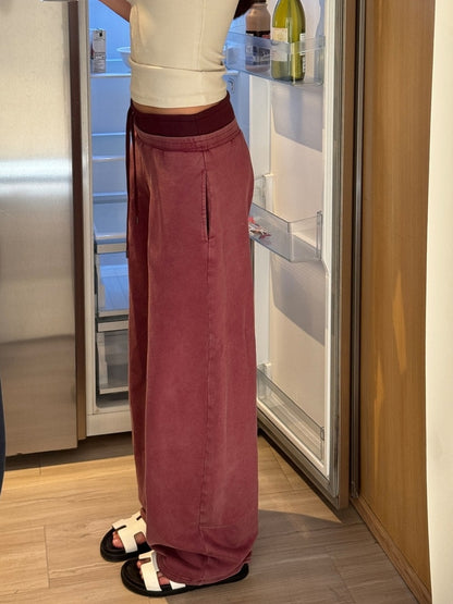 kvkv Burgundy Cotton Drawstring Wide Leg Natural Waist Sporty Womens Pants
