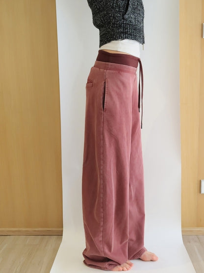 kvkv Burgundy Cotton Drawstring Wide Leg Natural Waist Sporty Womens Pants