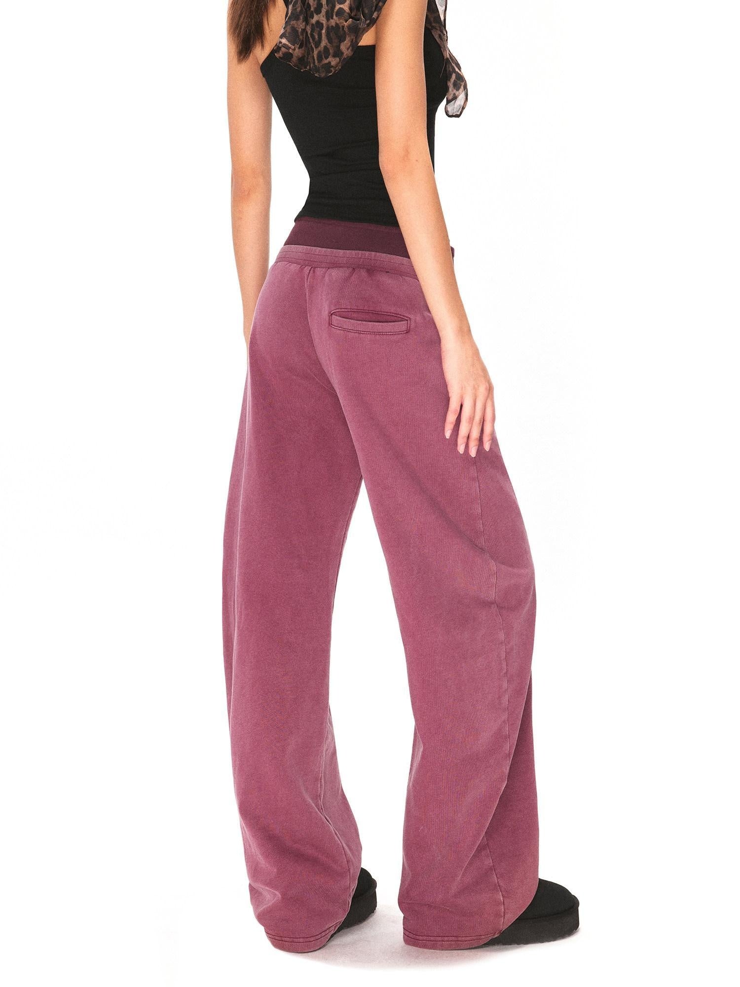 kvkv Burgundy Cotton Drawstring Wide Leg Natural Waist Sporty Womens Pants