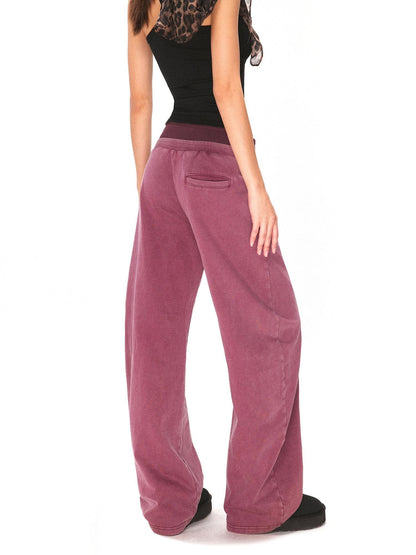 kvkv Burgundy Cotton Drawstring Wide Leg Natural Waist Sporty Womens Pants