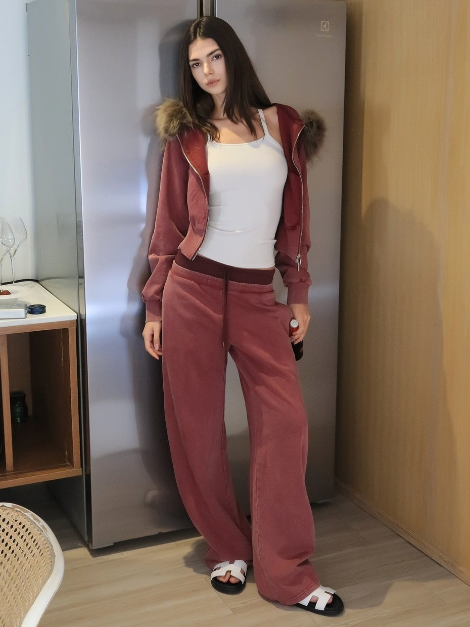kvkv Burgundy Cotton Drawstring Wide Leg Natural Waist Sporty Womens Pants