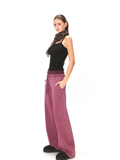 kvkv Burgundy Cotton Drawstring Wide Leg Natural Waist Sporty Womens Pants