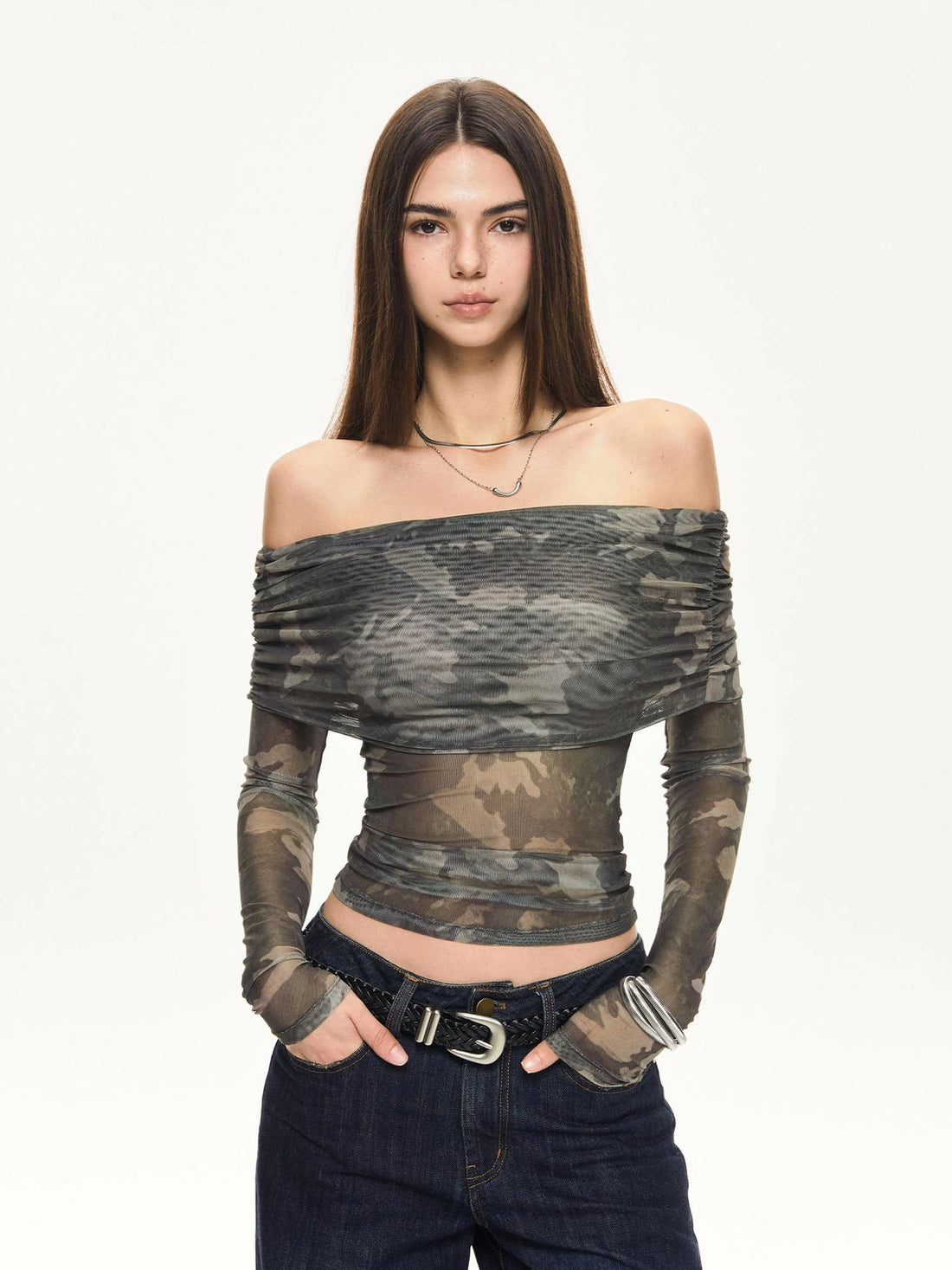 KVKV Yoga Clothing Brand - Camouflage Mesh Off Shoulder Top