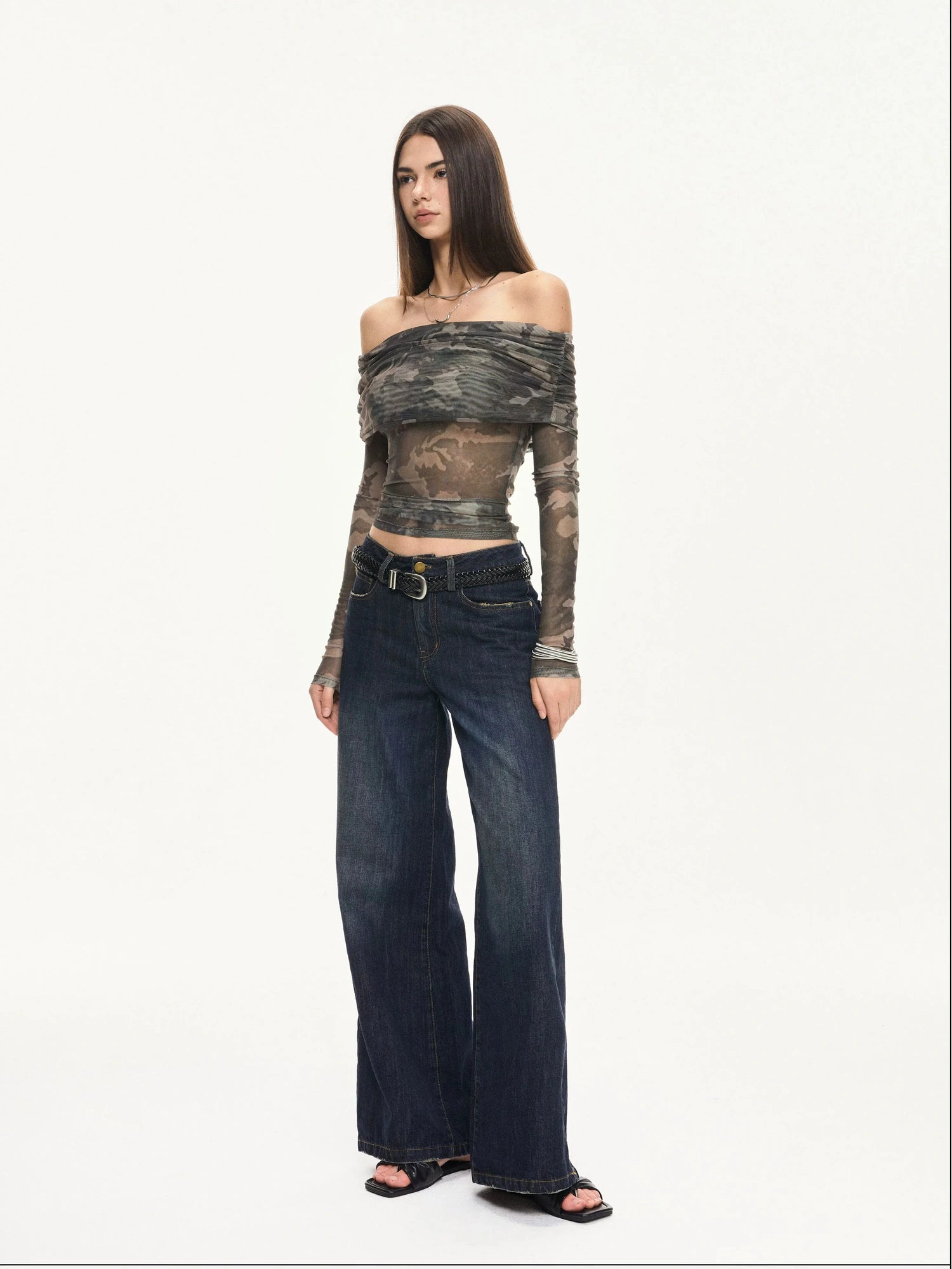 KVKV Yoga Clothing Brand - Camouflage Mesh Off Shoulder Top