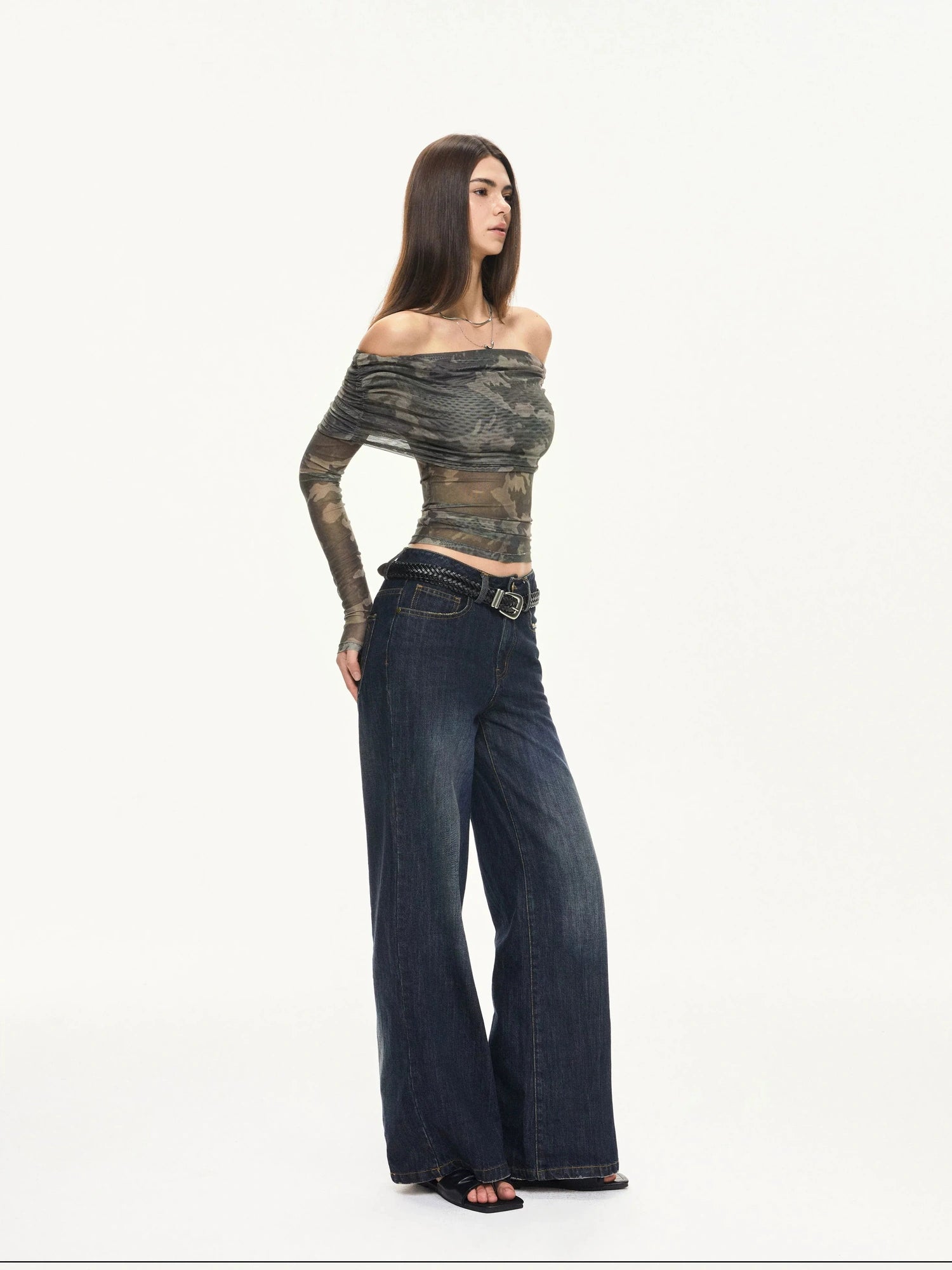 KVKV Yoga Clothing Brand - Camouflage Mesh Off Shoulder Top