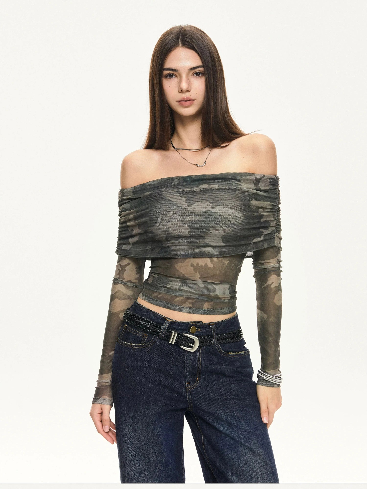 KVKV Yoga Clothing Brand - Camouflage Mesh Off Shoulder Top