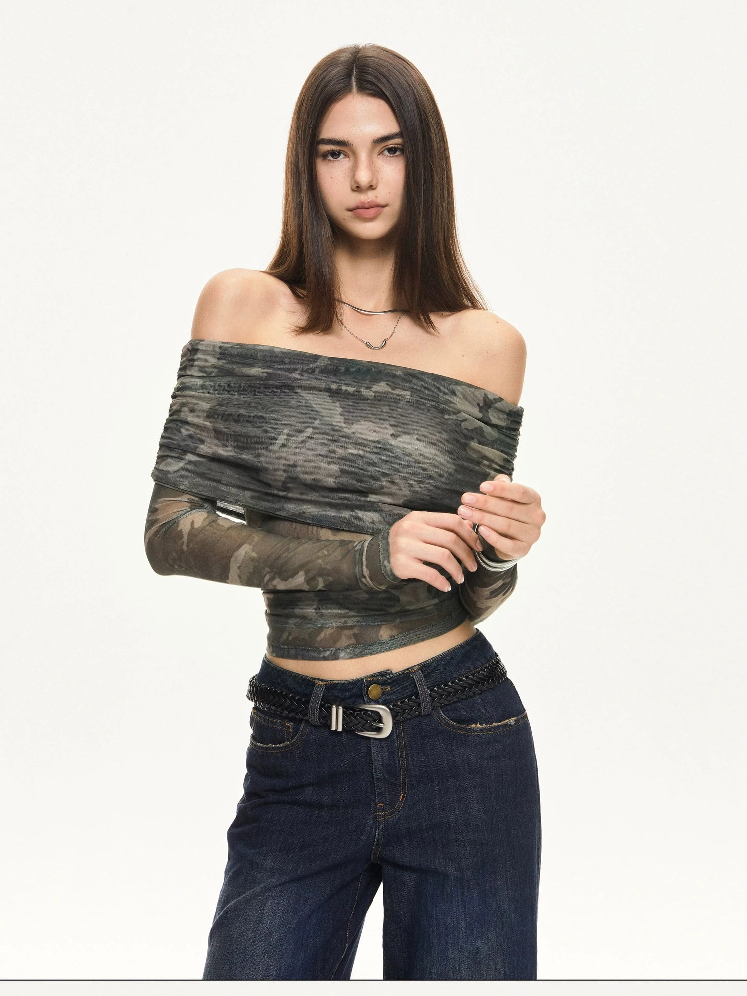 KVKV Yoga Clothing Brand - Camouflage Mesh Off Shoulder Top